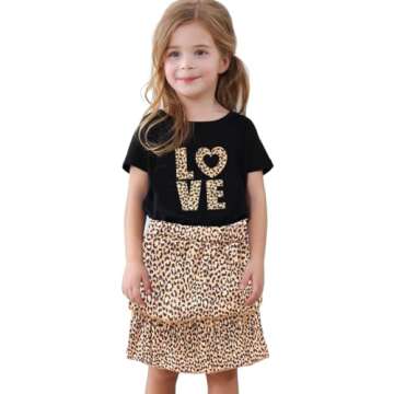 Girls Summer Outfits Two Piece Letter Print Short Sleeve Shirt Cheetah Layered Skirt Picture Day Out...