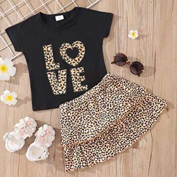 Girls Summer Outfits Two Piece Letter Print Short Sleeve Shirt Cheetah Layered Skirt Picture Day Outfits for School 6t