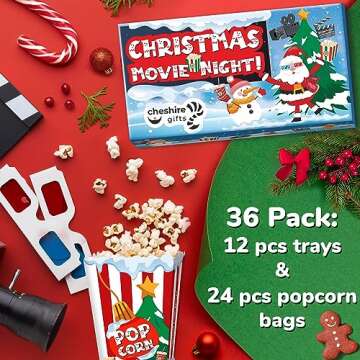 Movie Night Christmas Party Supplies (36ps) - Christmas Movie Night Snack Trays 12pcs & Christmas Po...