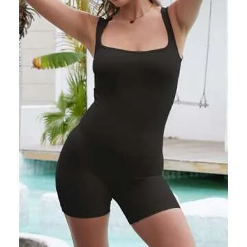 YIOIOIO Women's Workout Seamless Romper Yoga Ribbed Bodycon One Piece Square Neck Shorts Jumpsuit