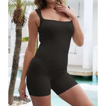 YIOIOIO Women's Workout Seamless Romper Yoga Ribbed Bodycon One Piece Square Neck Shorts Jumpsuit