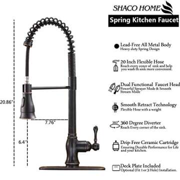 SHACO Antique Single Handle Pull Down Sprayer Oil Rubbed Bronze Kitchen Faucet, Farmhouse Spring Kitchen Faucet Bronze with Deck Plate, Kitchen Faucets for Sink 3 Hole or Single Hole