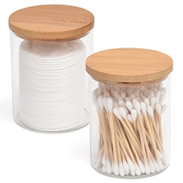 BKYFPQ 2 Pack Glass Qtip Holder Dispenser Bathroom Jars with Bamboo Lids, Cotton Ball Pad Round Swab...