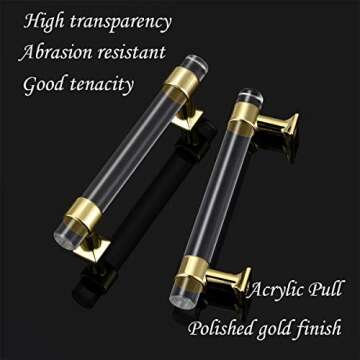 3-3/4'' Clear Drawer Pull Gold Acrylic Cabinet Handle,Kitchen Cabinet Pulls Modern T Bar Crystal Handle Dresser Pull Furniture Hardware