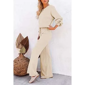 Pink Queen Women's 2 Piece Knit Sweatsuit Puff Sleeve Cropped Sweater Top and Long Pants Tracksuit Lounge Set Beige M
