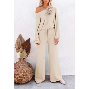 Pink Queen Women's 2 Piece Knit Sweatsuit Puff Sleeve Cropped Sweater Top and Long Pants Tracksuit Lounge Set Beige M