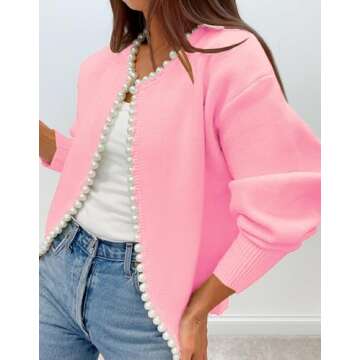 Kedera Pearl Trim Cardigan Fall Sweater for Women Dressy 2024 Open Front Long Sleeve Beading Knit Outwear Pink