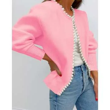 Kedera Pearl Trim Cardigan Fall Sweater for Women Dressy 2024 Open Front Long Sleeve Beading Knit Outwear Pink