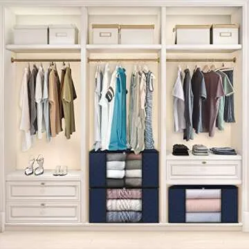 Fab totes 6 Pack Clothes Storage, Foldable Thick Fabric Blanket Storage Bags, Storage Containers for Organizing Bedroom, Closet, Clothing, Comforter, Organization and Storage with Handle,Blue