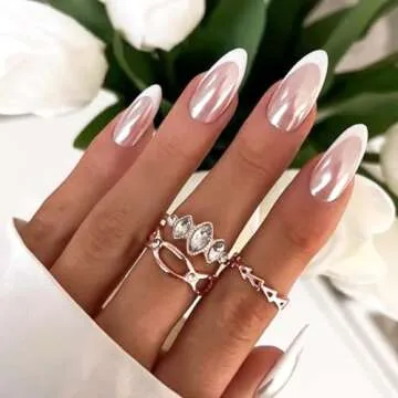 YOSOMK French Tip Press on Nails Almond Medium Fake Nails with Chrome Designs Glossy Nude False Nails Mirror Glue on Acrylic Nails for Women