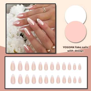 YOSOMK French Tip Press on Nails Almond Medium Fake Nails with Chrome Designs Glossy Nude False Nails Mirror Glue on Acrylic Nails for Women