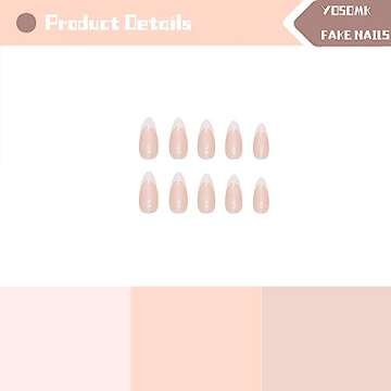YOSOMK French Tip Press on Nails Almond Medium Fake Nails with Chrome Designs Glossy Nude False Nails Mirror Glue on Acrylic Nails for Women