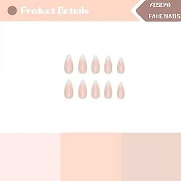 YOSOMK French Tip Press on Nails Almond Medium Fake Nails with Chrome Designs Glossy Nude False Nails Mirror Glue on Acrylic Nails for Women