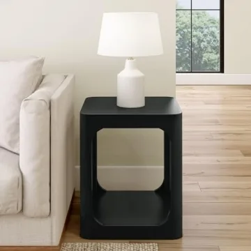 Plank+Beam Modern Rounded Square Side Table with Shelf, Solid Wood End Table for Living Room, 20in, Black