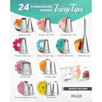 RFAQK 64 PCs Cake Decorating Kit for Beginners Includes Video Course, Booklet + Baking Supplies Gift - Cake Stand, Leveler, 24 Numbered Piping Tips, Straight & Offset Spatula, & Scraper sets