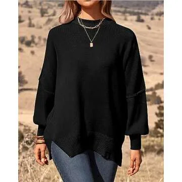 PRETTYGARDEN Women's Oversized Sweater 2025 Casual Spring Outfits Crewneck Long Sleeve Loose Slit Ri...