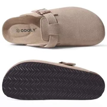 ODOLY Women's Suede Clogs Soft Cork Footbed Leather Mules Comfort Potato Shoes with Arch Support, Taupe 39