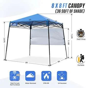 EAGLE PEAK 8x8 Pop Up Canopy Tent with Sidewall, Compact, Portable Slant Leg Instant Sun Shelter for Beach, Sports, & Camping, 8x8 Base 6x6 Top, Blue