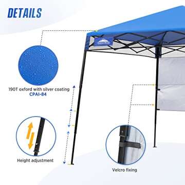 EAGLE PEAK 8x8 Pop Up Canopy Tent with Sidewall, Compact, Portable Slant Leg Instant Sun Shelter for Beach, Sports, & Camping, 8x8 Base 6x6 Top, Blue