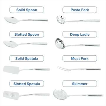 Viking Kitchen Utensils Set, 8 Piece Stainless Steel Cooking Utensil Set, Includes Spatulas, Spoons, Pasta Fork, Deep Ladle, Meat Fork, and Skimmer, Silver