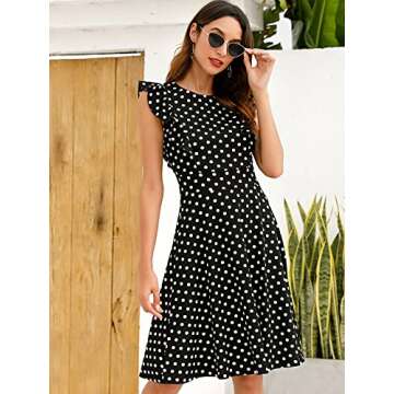 YATHON Women's Vintage Ruffle Floral Flared A Line Swing Casual Cocktail Party Dresses (S, YT001-Black Dot)