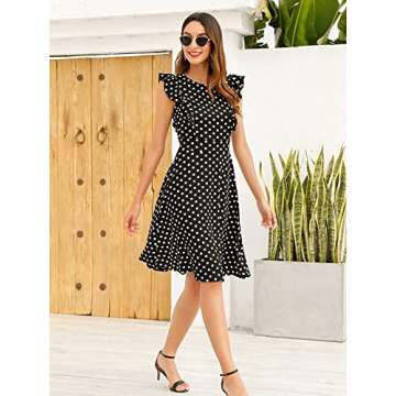 YATHON Women's Vintage Ruffle Floral Flared A Line Swing Casual Cocktail Party Dresses (S, YT001-Black Dot)