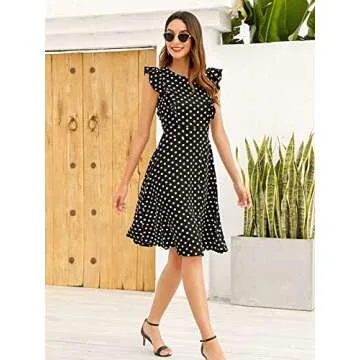 YATHON Women's Vintage Ruffle Floral Flared A Line Swing Casual Cocktail Party Dresses (S, YT001-Black Dot)