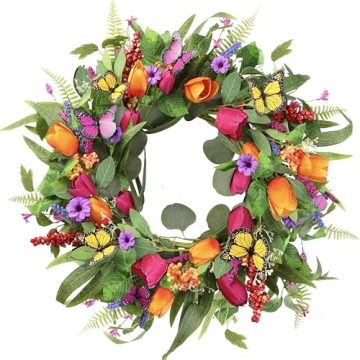 Sggvecsy 22 Inch Spring Summer Wreath - Colorful Tulip & Eucalyptus Decor