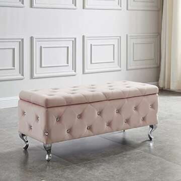 Nspire Contemporary Velvet & Metal Rectangular Storage Ottoman in Blush Pink