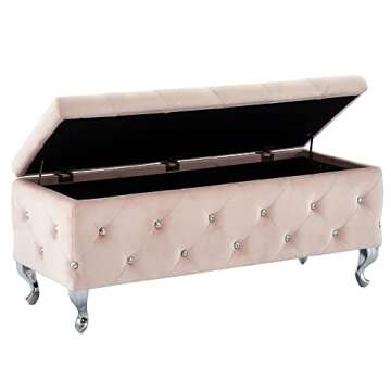Nspire Contemporary Velvet & Metal Rectangular Storage Ottoman in Blush Pink