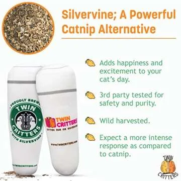 TWINCRITTERS KittiBuzz 2-Pack Organic Silvervine Catnip Substitute Toys for Cats & Kittens | 100% All-Natural Wild Harvested Silvervine | 2 Refillable Coffe Cup Plush Cat Toys