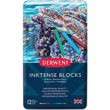 Derwent Inktense Blocks 12 Tin, Set of 12, 8mm Block, Soft Texture, Watersoluble, Ideal for Watercol...
