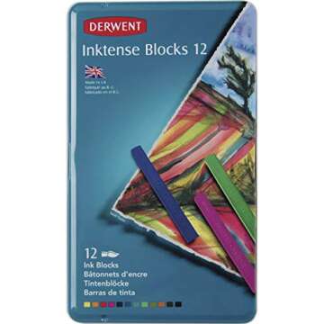 Derwent Inktense Blocks 12 Tin, Set of 12, 8mm Block, Soft Texture, Watersoluble, Ideal for Watercolor, Drawing, Coloring, Crafts and Painting on Paper and Fabric, Professional Quality (2300442)