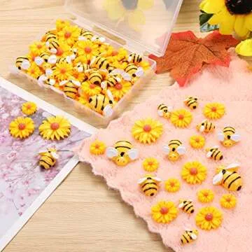CCOZN 80 Pieces Tiny Resin Bees Daisy Flowers, Flatback Daisy Flowers Bumble Bees Embellishment Bee Decors with Box DIY Wreath Cake Decorations Flowers Bee for Crafts Two Groovy Party Decor