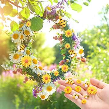 CCOZN 80 Pieces Tiny Resin Bees Daisy Flowers, Flatback Daisy Flowers Bumble Bees Embellishment Bee Decors with Box DIY Wreath Cake Decorations Flowers Bee for Crafts Two Groovy Party Decor