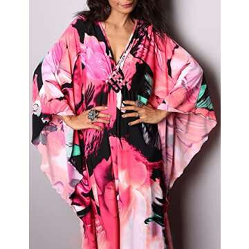 Bsubseach Women Ethnic Print Kaftan Beach Dress Plus Size Swimsuit Cover Up Rose Red Floral