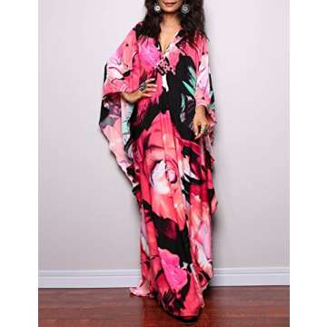 Bsubseach Women Ethnic Print Kaftan Beach Dress Plus Size Swimsuit Cover Up Rose Red Floral