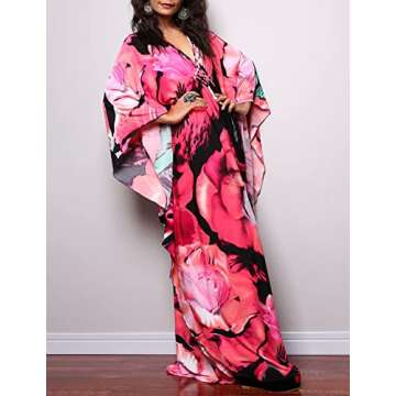 Bsubseach Women Ethnic Print Kaftan Beach Dress Plus Size Swimsuit Cover Up Rose Red Floral