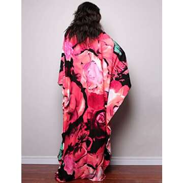 Bsubseach Women Ethnic Print Kaftan Beach Dress Plus Size Swimsuit Cover Up Rose Red Floral
