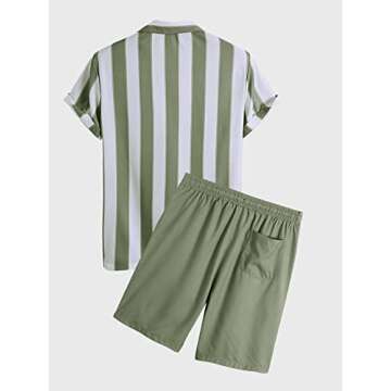 Milumia Men's Stylish Striped Button Down Shirt & Shorts Set in Green and White, XX-Large