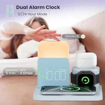 7 in 1 Wireless Charging Station, Alarm Clock with Wireless Charger for Bedrooms, Mag-Safe Charger with Night Light Bedside Clock for iPhone 16 15 14 13 12 Pro Max, Apple Watch, AirPods