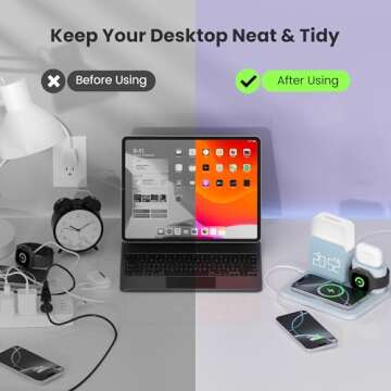 7 in 1 Wireless Charging Station, Alarm Clock with Wireless Charger for Bedrooms, Mag-Safe Charger with Night Light Bedside Clock for iPhone 16 15 14 13 12 Pro Max, Apple Watch, AirPods