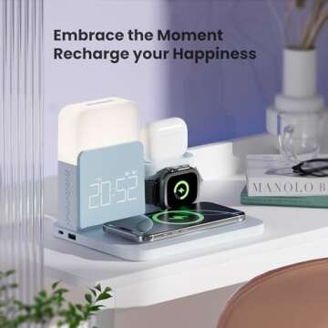 7 in 1 Wireless Charging Station, Alarm Clock with Wireless Charger for Bedrooms, Mag-Safe Charger with Night Light Bedside Clock for iPhone 16 15 14 13 12 Pro Max, Apple Watch, AirPods
