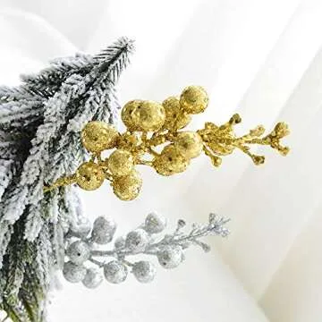 Artiflr 14 Pack Christmas Glitter Berries Stems, 7.8Inch Artificial Christmas Picks for Christmas Tree Ornaments, DIY Xmas Wreath, Crafts, Holiday and Home Decor, Gold
