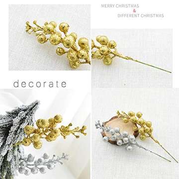 Artiflr 14 Pack Christmas Glitter Berries Stems, 7.8Inch Artificial Christmas Picks for Christmas Tree Ornaments, DIY Xmas Wreath, Crafts, Holiday and Home Decor, Gold