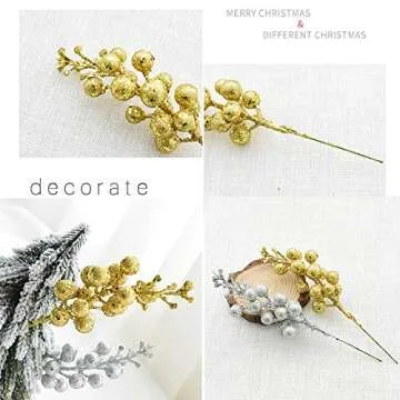 Artiflr 14 Pack Christmas Glitter Berries Stems, 7.8Inch Artificial Christmas Picks for Christmas Tree Ornaments, DIY Xmas Wreath, Crafts, Holiday and Home Decor, Gold
