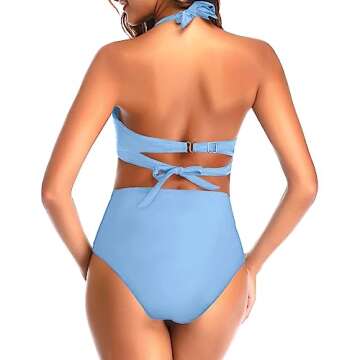 Tempt Me Women's Vintage Swimsuits Light Blue Retro Halter Ruched High Waist Bikini with Bottom XXL