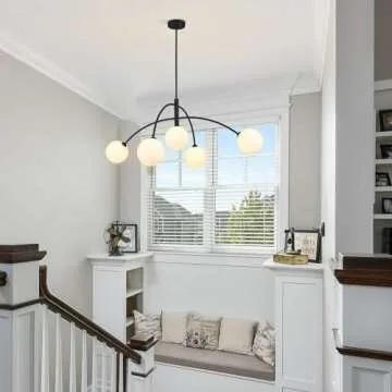 Fulesi Mid Century Chandelier Black Ceiling Light 5 Light Sputnik Light Fixture with White Glass Globe Adjustable Modern Sputnik Chandelier for Dining Room Kitchen Bedroom…
