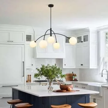 Fulesi Mid Century Chandelier Black Ceiling Light 5 Light Sputnik Light Fixture with White Glass Globe Adjustable Modern Sputnik Chandelier for Dining Room Kitchen Bedroom…