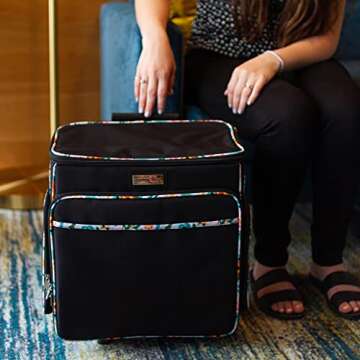 Everything Mary Black & Floral Rolling Scrapbook Storage Tote - Scrapbooking Storage Case for Rings, Paper, Binder, Crafts, Beads, Scissors - Telescoping Handle with Dual Wheels